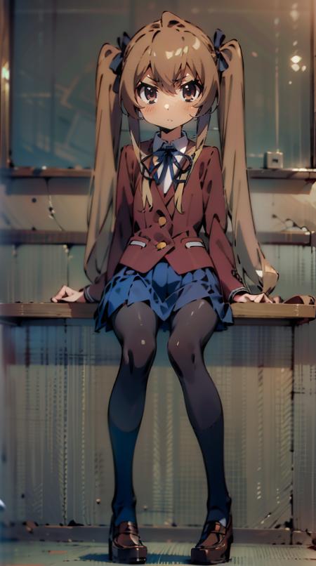 aisaka taiga, 1girl, solo, skirt, long hair, blue skirt, school uniform, pleated skirt, black ribbon
