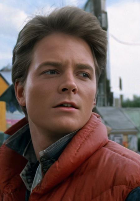 <lora:mrtmcfl_v3.1:1> mrtmcfl, a youn man cosplay marty mcfly 1980s