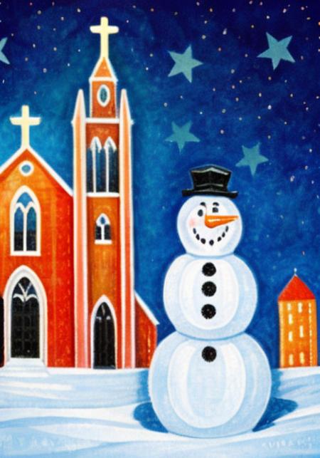 by alessandro pedrazzini <lora:alessandropedrazzini_v1.0c:1>,  snowman in front of a church with kids around