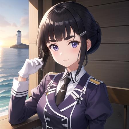 ((masterpiece)),(best quality),official art,extremely detailed CG,unity 8k wallpaper,ultra detailed,A lighthouse on a cliff by the sea,1girl,solo,upper body,(portrait:1.2),myoukou (kantai collection),medium breasts,blunt bangs,black hair,black skirt,hair bun,long sleeves,white pantyhose,pencil skirt,puffy long sleeves,puffy sleeves,looking at viewer,thick eyebrows,military uniform,white gloves,eyebrows visible through hair,high heel boots,purple jacket,hair ornament,hairclip,black necktie,black belt,<lora:Myoukou(kan)>,