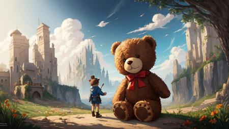 rcnz_style_v3, masterpiece of a Teddy bear on an adventure, Joy, A game, Paints, Fantasy, Cute, Childhood, Entertainment, Adventure, Smile, symmetrical, highly detailed, digital painting, artstation, concept art, smooth, sharp focus, illustration, volumetric lighting, epic Composition, 8k, oil painting, cgsociety