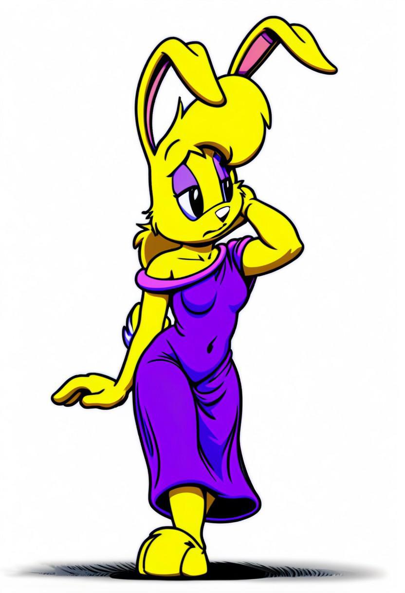 score_9, score_8_up, score_7_up, score_6_up, score_5_up, score_4_up, retro artstyle, BREAK 
LoriJackRabbitPXL, rabbit girl,long yellow hair,yellow skin,1girl, furry female, furry, solo, dress, purple dress,rabbit tail, makeup, animal ears, full body, bare shoulders, eyeshadow, purple eyeshadow, looking to the side,black eyes, simple background, standing, breasts, off shoulder, off-shoulder dress,rabbit ears, small breasts,rabbit tail, animal nose, white background, transparent background, walking,yellow fur, body fur, covered navel, closed mouth
<lora:lorijackrabbit-v1:0.9>