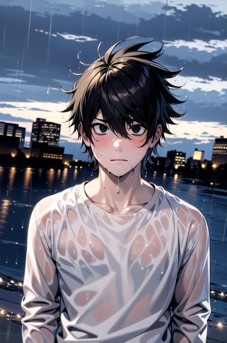 (masterpiece,best quality, detailed), 1boy, male focus,  outdoors, upper body, rain, cloudy sky, cityscape,
l lawliet, white shirt, wet shirt, wet clothes, wet, wet hair, jeans, wide-eyed, long sleeves, serious, closed mouth