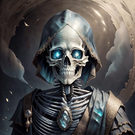 Portrait of a skeleton wearing a sui, gradient cloud background LabradoriteStyle style, masterpiece, <lora:LabradoriteStyle-000010:1>