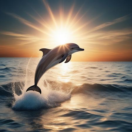 Dolphin jumping over sea water, sun halo background, very realistic photography