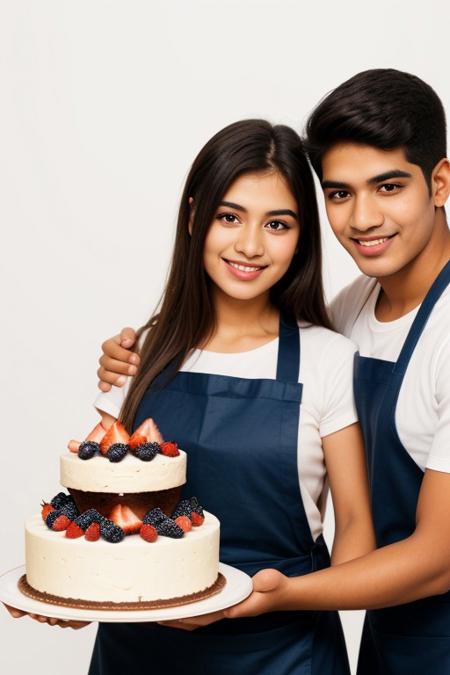 Cheerful young woman and man  presenting a delicious cake. "Isolated on white background", wide shot, apron, sri lankan, uncropped, looking at the cake, "holding a cake together"