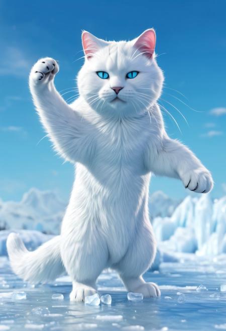 In the midst of a raging ice battle, an amour white cat, meadow hybrid, detailed background, 8k, creative, DJ ornament