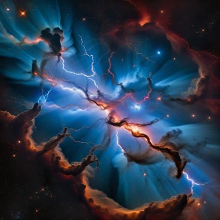 mad-nbla, lightning bolt shaped nebula, ultra realistic, complementing tones