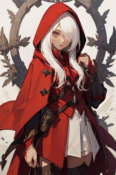 ArgentaDN, 1girl, solo, long hair, thighhighs, white hair, red hood, hair over one eye, bridal gauntlets, hooded cloak, hood up, 