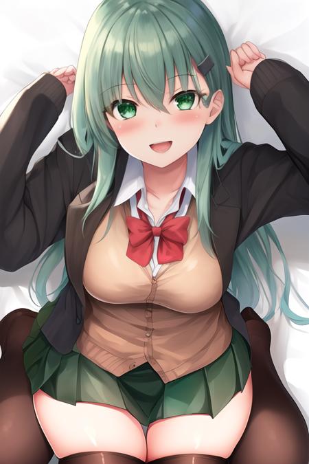 masterpiece, best quality, highres, solo, {suzuya_kantaicollection:1.10}, long_hair, hair_ornament, aqua_hair, hairclip, breasts, blush, smile, aqua_eyes, green_eyes, large_breasts, hair_between_eyes, green_hair, 1girl, looking_at_viewer, school_uniform, skirt, thighhighs, brown_thighhighs, open_mouth, medium_breasts, white_background