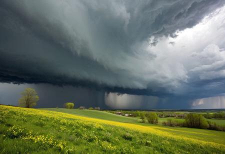 professional photo, photo of spring landscape, dramatic lighting, gloomy, cloudy weather, tornado