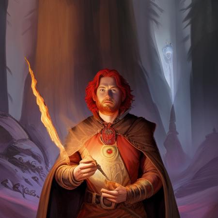 human male Wizard, fantasy art, dungeons and dragons, red hair, portrait, painting, face and torso