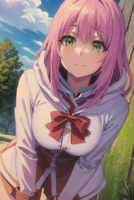 nornclatalissajioral, <lora:norn clatalissa jioral s1-lora-nochekaiser:1>,
norn clatalissa jioral, long hair, hair between eyes, (green eyes:1.5), pink hair, smile,
BREAK long sleeves, dress, bow, red bow, hood, robe, white robe,
BREAK outdoors, forest, nature, grass, trees, sun, sky, clouds,
BREAK looking at viewer, (cowboy shot:1.5),
BREAK <lyco:GoodHands-beta2:1>, (masterpiece:1.2), best quality, high resolution, unity 8k wallpaper, (illustration:0.8), (beautiful detailed eyes:1.6), extremely detailed face, perfect lighting, extremely detailed CG, (perfect hands, perfect anatomy),