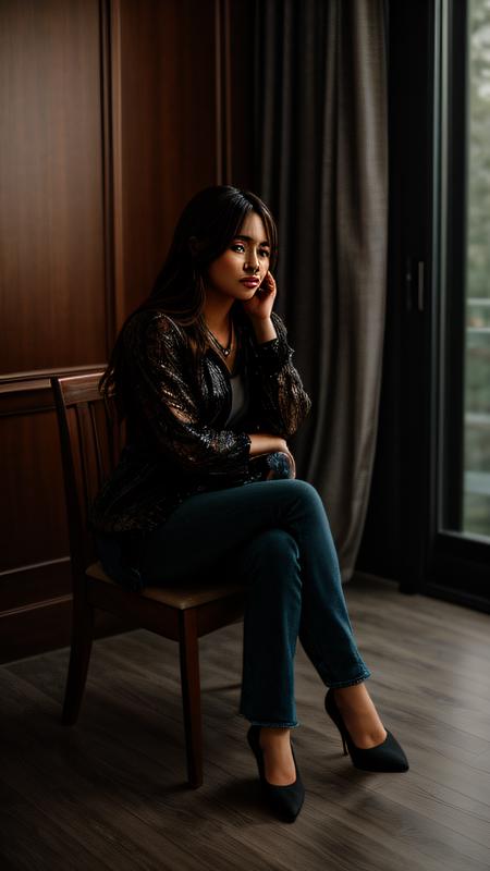 solitude, a person sitting on a chair alone mediating in a dark empty room, dark and mysterious ambience, dressed in normal clothes, detailed background, highly detailed face, extremely detailed, high quality, best quality, looking at viewer, facing camera, whole body, full body in frame