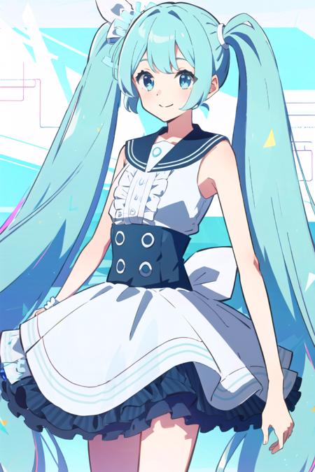 <lora:Hatsune Miku(Blue Archive):0.8>, buruaka miku, bangs, twintails, aqua hair, hair ornament, very long hair, blue eyes, frills, sleeveless, sailor collar, sleeveless shirt, skirt, fcoowboy shot, smile