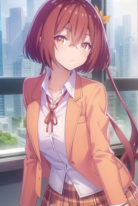 maonanjou, <lora:mao nanjou s1-lora-nochekaiser:1>,
mao nanjou, long hair, (orange eyes:1.3), red hair, side ponytail,
BREAK skirt, school uniform, jacket, plaid, plaid skirt, blazer,
BREAK indoors, classroom,
BREAK looking at viewer,
BREAK <lyco:GoodHands-beta2:1>, (masterpiece:1.2), best quality, high resolution, unity 8k wallpaper, (illustration:0.8), (beautiful detailed eyes:1.6), extremely detailed face, perfect lighting, extremely detailed CG, (perfect hands, perfect anatomy),