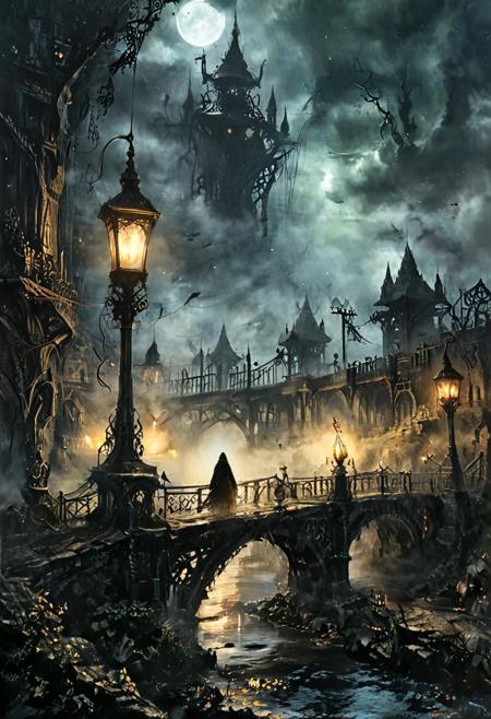 a Clockwork djinn with ornate, mystical lamps at a Gaslit bridge spanning over tranquil river, city of yharnam, bloodborne, ultra-fine digital painting