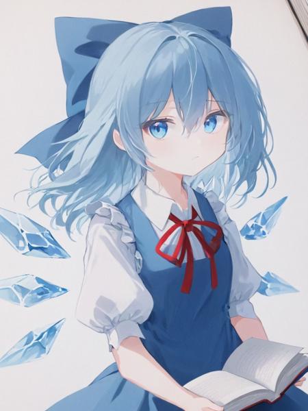 <lora:çªé²è¯º:1>,1girl, cirno, solo, blue_eyes, blue_hair, bow, book, alternate_hair_length, alternate_hairstyle, long_hair, blue_bow, short_sleeves, hair_bow, wings, upper_body, hair_between_eyes, holding_book, shirt, blue_dress, holding, red_ribbon, dress, looking_at_viewer, puffy_sleeves, ice_wings, white_shirt, puffy_short_sleeves, neck_ribbon, ice, ribbon, bangs, signature, closed_mouth, open_book, collared_shirt, white_background