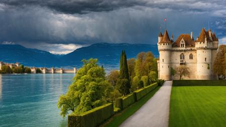 Proffesional Photography of a flat landscape in geneve,  , (birds:0.1), Moated Castle Chillon,  Montane forest, Stormy, shallow depth of field detailed background,  HDR, sharp focus, RAW ultra realistic, 12k  <lora:add-detail-xl:1>