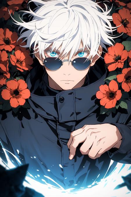 gojou satoru, 1boy, full  body, white hair, blue eyes, looking at viewer,
high collar, hair between eyes, black jacket,short hair, bangs, white hair, red flowers, hair between eyes, colored eyelashes, black jacket, jacket, high collar, round sunglasses, 
<lora:Kim_gojou satoru:0.8>