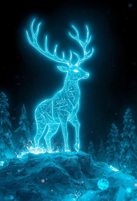 JNANX,luminous white silhouette,cyan glow,emerald highlights,flickering outline,dreamlike movement,rippling colors,drifting embers,infinite black background,psychedelic colors,ethereal,futuristic surrealism,gw,glowing,night,night sky,trippy,
score_9, score_8_up, score_7_up, source_anime, deep colors, high quality, high resolution, detailed, highres, 
fr0stwrld, snow, ice,
ice deer cyb0rg, science fiction, cable, mechanical parts,
mountain forest background,