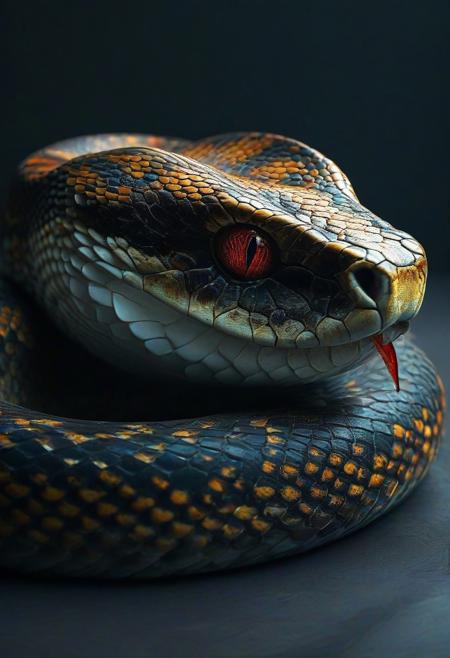 apture a photo-realistic image of a snake with dragon horns, no legs, adorned with black scales featuring intricate red and gold patterning. The snake should have colorful, beautiful eyes and be depicted in a dynamic full-body pose. Utilize cinematic lighting with Rembrandt lighting techniques to create depth and drama in the image. Incorporate volumetric lighting to enhance the atmosphere around the snake. The photograph should be taken with an aperture of F/2.8 to create a shallow depth of field and focus attention on the subject. Ensure maximum detail and ultra-realism in the rendering. The snake should be centered in the frame, commanding attention and exuding beauty and majesty. The overall composition should be visually captivating and show, ((Antro)), ((furry)),ase the intricate details of the snake's scales and horns.
(Dramatic Lighting, Photography, 3D Illustration, Vibrant Colors, Exquisite Detail, Award Winning, Stunning)  <lora:MJ52:0.5> epiCPhoto