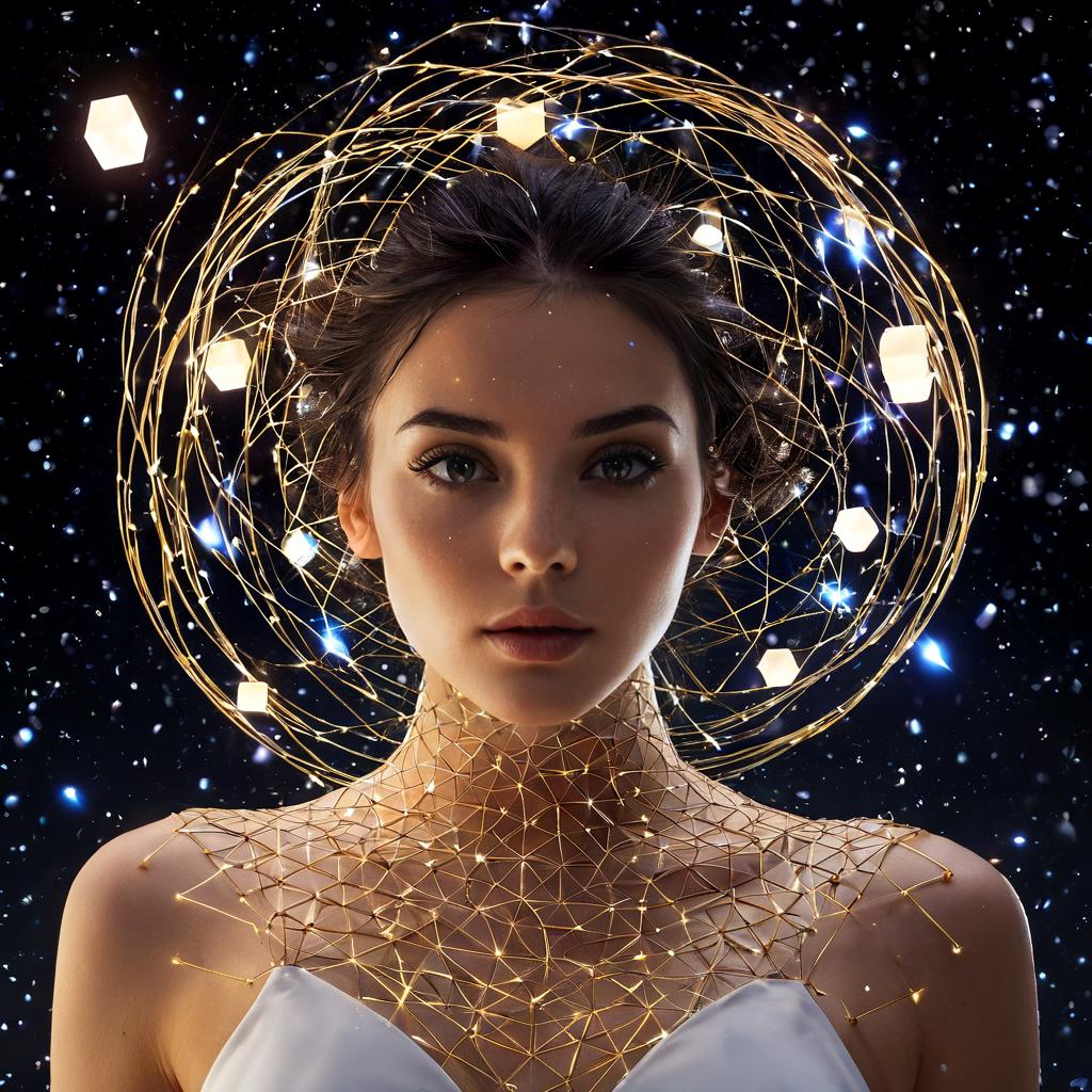 long shot scenic professional photograph of A hyperrealistic portrait of a woman whose body is turning into a swarm of glowing, geometric shapes, her skin breaking apart into cubes, pyramids, and spheres that float in the air around her. Her face is dissolving into sharp, angular forms, but her eyes remain as radiant, glowing orbs, watching as her form disintegrates. Her hair has become a flowing stream of glowing geometric particles, twisting and swirling like a ribbon of light. Behind her, the background is a surreal grid of floating geometric forms, each one glowing softly and constantly shifting in size and shape., perfect viewpoint, highly detailed, wide-angle lens, hyper realistic, with dramatic sky, polarizing filter, natural lighting, vivid colors, everything in sharp focus, HDR, UHD, 64K