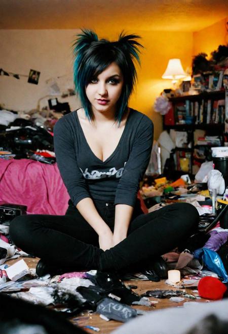 Very Close up,there is a professional photo of a cute sexy girl sitting in a messy room, in a bedroom, messy room, in a room, inside a messy room, in my bedroom, in her room, in an attic, chaotic  bedroom, sitting in her room, messy bedroom, cluttered room, ghostly girl bedroom, in small room, dirty room, cluttered, a room, happy vibrant colors, emo style girl,erotic masterpiece,GREATEST DOF f/22,dslr,ultra quality,sharp focus,tack sharp,film grain,Fujifilm XT3,crystal clear,8K UHD,highly detailed glossy eyes,high detailed skin,skin pores, smooth skin,REALISTIC BACKGROUND,slim physique,