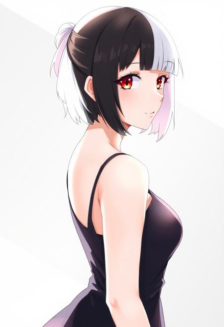 1girl, solo, breasts, looking at viewer, short hair, black hair, dress, closed mouth, medium breasts, upper body, white hair, multicolored hair, sleeveless, blunt bangs, hair bun, black dress, two-tone hair, streaked hair, from side, lips, makeup, bob cut, single hair bun, nose