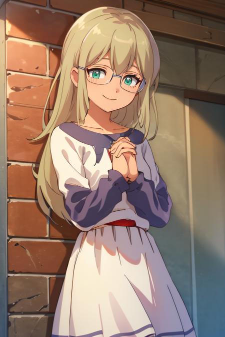 (masterpiece:1.2), best quality, high resolution, unity 8k wallpaper, (illustration), extremely detailed face, perfect lighting, extremely detailed CG, beautiful detailed eyes, 1girl, solo, <lora:Jeanne_Inazuma:0.8>, jeanne, standing, cowboy shot, smile, glasses, looking at viewer, green eyes, dress, frontal view, [perfect hands, detailed hands, perfect fingers, detailed fingers:1.2, five fingers:1.4], ((prayhands, interlocked fingers, own hands together))