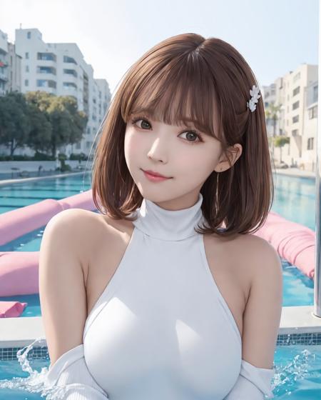 pureerosface_v1, best quality, photorealistic, 8k, high res, 1girl, woman, (skindentation), (portrait:0.6), gorgeous, dynamicpose, ((poolsidebackground:1.6)), coconut tree, ((mediumsize roundbreast, white highnecksweater:1.4)), straight-looking at viewer:1.8, (1girl eyes looking at viewer, medium-length hair,  brownhair, partedbangs:1.65), (bokeh), smile:1.2, (closed mouth:1.16), <lora:CBAV-yua:0.65>