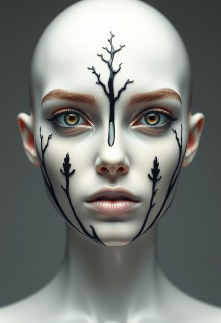 The highest artistic achievement, modern simplicity, futurism, visual impact, stunning image, simple image, coordinated colors, front view, bright lighting, surrealism, fantasy world, fantasy style, artistic close-up of a female supermodel in glossy ceramic material, no makeup, bald, deep eyes, perfectly symmetrical beautiful face, pushed out from silky black oil which creates a Forest treeline around the eyes, the black oil on the face creates a contrast with the delicate white ceramic. Highest-Quality, 4k, intricate details, visually stunning, Masterpiece