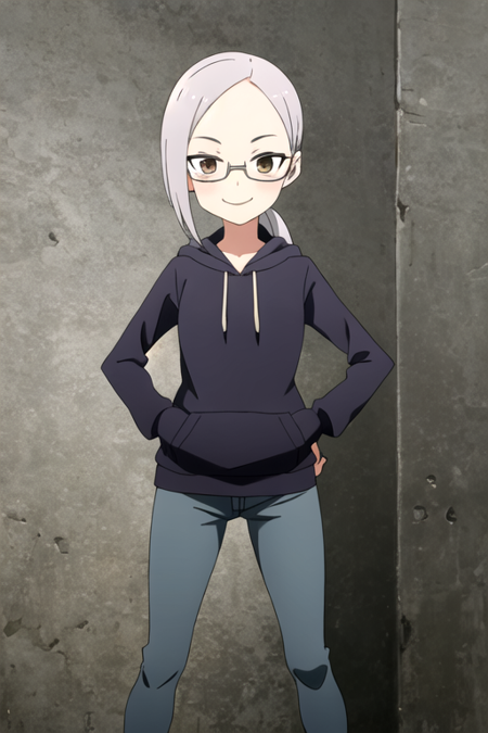 masterpiece, best quality, <lora:kunoichisumire:0.7>, 1girl, solo,  brown eyes, ponytail, grey hair, glasses,  long hair, light smile, standing, hands on hips, black hoodie, hood down, jeans,