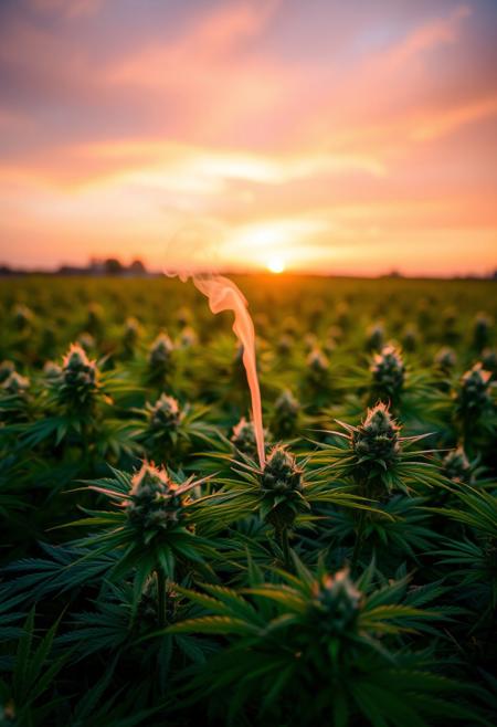 vibrant cannabis field, (lush green leaves:1.4), (sunset glow:1.2) casting warm light over the plants, (detailed textures:1.5), smoke swirling softly in the air, (cannabis buds:1.3) glistening with trichomes, peaceful and serene atmosphere, (natural light:1.4), wide field stretching into the distance, (colorful sky:1.2) with shades of pink and orange, (high-definition:1.6), (ultra-realistic textures:1.5), close-up details of cannabis plants, (soft focus in the background:1.2), modern, laid-back aesthetic, perfect for a cannabis culture feature, chill and relaxed vibe, (overexposed:-1.4), (unnatural colors:-1.5), (blurry:-1.6), (low-resolution:-1.7), (harsh lighting:-1.5), (distorted textures:-1.6)
