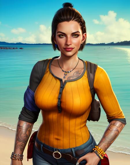 dani, solo, brown hair,lips, brown eyes,chest tattoo, hair bun ,
pants,earrings,denim,jeans,holster, belt ,bracelet, yellow shirt, shoes, standing, upper body, looking at viewer, smirk, beach shore, morning,
 (insanely detailed, beautiful detailed face, masterpiece, best quality),  <lora:DaniRojas-10v6:0.8>