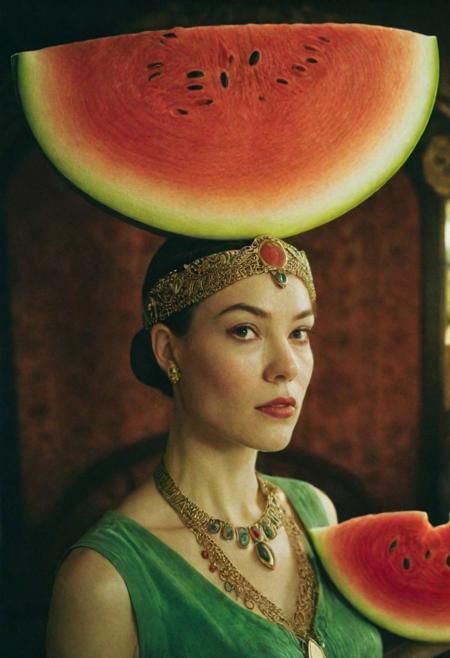 A 3d stereoscopic color photograph, in the bedroom of grand watermelon house, A large four-poster bed made of Polyacrylic resin watermelon adorned with intricate engravings and topped with plush velvet
wearing flash gordon inspired clothing,  with art nouveau inspired accessories,  a woman made of plastic, and a watermelon on her head, Leica M3, film grain, texture, dramatic cinematic lighting,