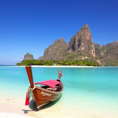 A scenic view of a beautiful beach with clear turquoise water and a traditional wooden boat in the foreground. the beach is located in the middle of the image, with a sandy shoreline and a few palm trees scattered around. in the background, there are tall, brown mountains with a clear blue sky above them. The sky is clear and blue, and the water is calm, with no clouds in sight. on the shore, there is a wooden boat with a red canopy, tied to the shore with a rope. The boat has a nameplate on it, and it appears to be empty. the overall atmosphere is peaceful and serene.