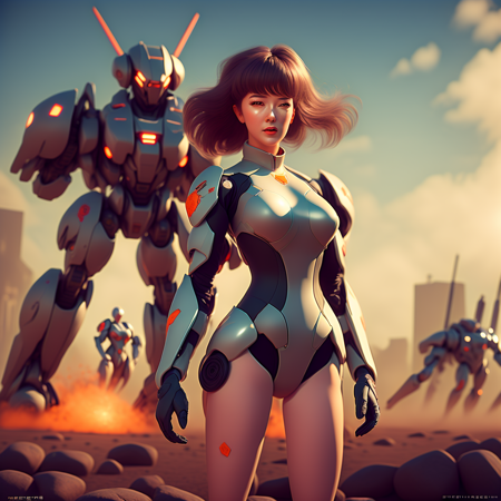 photo, MechAssassin style, a woman in a body suit standing in front of a giant robot