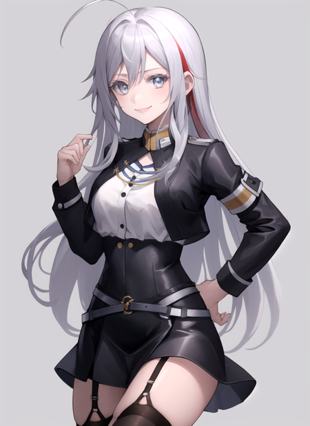 (masterpiece), (best quality)
BREAK <lora:bloodyRegina:1> , vladilena milize, military uniform, black jacket, multiple belts, black skirt, garter straps, white thighhighs, light smile