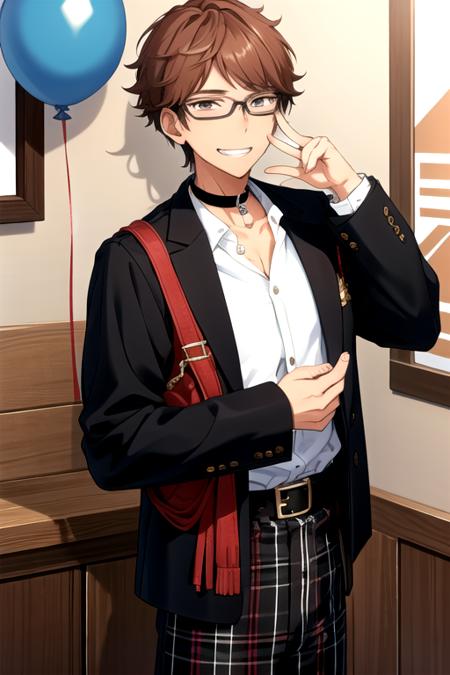 <lora:AkiomiKunugi-02:0.75> ,akiomi, looking at viewer, smile, shirt, long sleeves, holding, jacket, white shirt, open clothes, glasses, teeth, choker, collared shirt, belt, pants, grin, open jacket, plaid, black shirt, buttons, black choker, blue jacket,  black-framed eyewear, black belt, balloon, brown pants, plaid pants