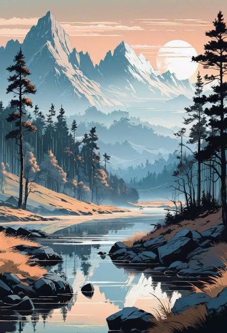 epic landscape, animation style, vectoring, high detailed, ink painting, melancholy colour palette, muted pale light faded colors, a complex composition,