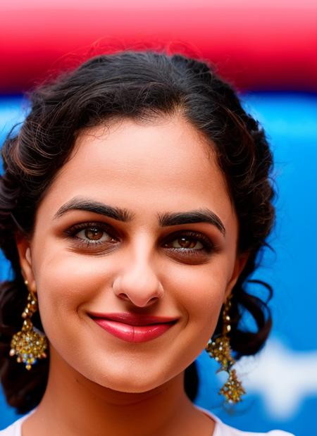 closeup portrait of skswoman, happy, background bouncy castle epic (photo, studio lighting, hard light, sony a7, 50 mm, matte skin, pores, colors, hyperdetailed, hyperrealistic), <lyco:Nithya Menon:1.1>