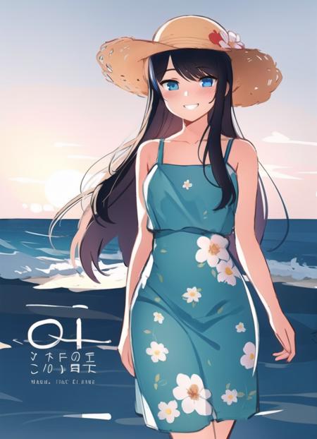 highres, masterpiece, 1girl, solo, eye contact, stare, smile, grin, standing, skin blush, black hair, long hair, blue eyes, gradient eyes, walking by the ocean, shiny skin, blush lines, sketch lines, sketch, cover art, arms behind back, 
flower print dress, sun hat, 
<lora:homebrew_ngnd:1>,