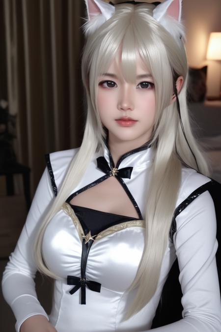 cat ears, black eyes, 
<lora:XiaMo_XL-000010:0.8> xiamo 1girl, indoors, breasts, long hair, white dress, bangs, contrast, shiny, shiny hair, shiny skin, shiny clothes, masterpiece, extreme details, detailed, focus, masterpiece, realistic, photorealistic, 4k, 8k, 16k, highres