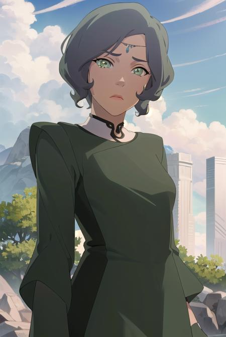 avatarsuyin, <lora:avatar suyin-lora-nochekaiser:1>,
suyin, short hair, grey hair, (green eyes:1.5), dark skin, dark-skinned female,
BREAK robe, long sleeves, dress, black dress,
BREAK outdoors, forest, nature, grass, trees, sun, sky, clouds,
BREAK looking at viewer, (cowboy shot:1.5),
BREAK <lyco:GoodHands-beta2:1>, (masterpiece:1.2), best quality, high resolution, unity 8k wallpaper, (illustration:0.8), (beautiful detailed eyes:1.6), extremely detailed face, perfect lighting, extremely detailed CG, (perfect hands, perfect anatomy),