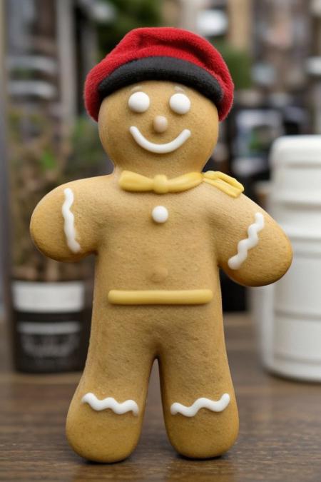 Gingerbread_Man, food, cookie, food focus, no humans, , mustache,wearing a hat,  walking in a city street