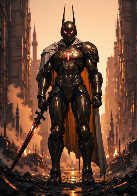 A hyper-detailed, full-body portrait of a grimdark superhero — the Astartes Spider-Man — reimagined in WWI Stormtrooper fashion, standing amidst the ruins of a chaotic, dystopian city at dawn. His power armor is heavily inspired by Warhammer 40K Space Marines, infused with WWI trench aesthetics: leather straps, metal rivets, bolted plates, and a worn trench coat-like white cloak draped over one shoulder, frayed from battle.
The helmet resembles a fusion of arachnid and gas-mask design, with glowing red optics, external rebreather canisters, and etched runes across its domed top.
A SPIDER emblem, crude and militant, is stamped across his armored chest. His chainsword, held loosely at his side, glows faintly with golden runes, its jagged teeth slick with dust and ash.
The background burns with industrial collapse — collapsed gothic buildings, trench barricades, and broken mechanized wreckage. Debris scatters around him: rusted steel, spent shells, and gas-leaking canisters.
Lighting: harsh dawn glare through smoke, casting deep shadows; warm highlights reflect off engraved metallic armor.
Camera: front-facing, full-body, cinematic close-up.
Style: ultra-realistic digital painting, official art style, 32k resolution, high texture detail, film grain overlay, reversal film effect.
Mood: gritty, grimdark, war-torn silence before the storm.