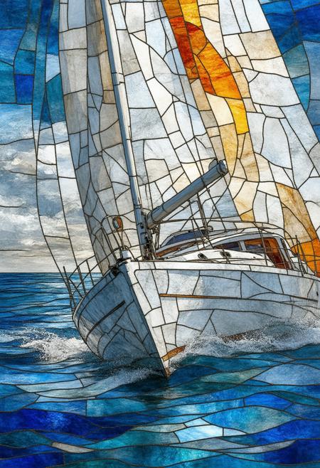 A fractured voyage: A sailboat, its sails billowing in the wind, rendered as a Cubist stained-glass mosaic, deeply infused with patterns inspired by traditional African textiles. Multiple perspectives â a view from the bow cutting through the water, a close-up of the sailâs intricate weave, and a panoramic view of the horizon â converge in a dynamic composition. The color palette is a vibrant contrast of black, white, cerulean blue, ochre yellow, and terracotta red, emphasizing the fragmented forms and evoking a sense of boundless freedom and adventure. Subtle photorealistic details â the glint of sunlight on the water, the texture of the sailcloth â blend seamlessly with the angular precision of Cubism. A soft, light-shaded glow emanates from within the stained-glass elements, illuminating the overlapping planes and creating an ethereal, dreamlike quality. The composition should capture the spirit of exploration and the beauty of the open sea, viewed through a distinctly African-inspired geometric lens, suggesting both strength and grace.