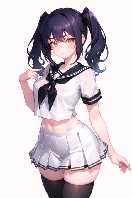 masterpiece, best quality, 1girl, solo, long hair, twintails, dark blue hair, yellow eyes, serafuku, white shirt, short sleeves, sailor collar, midriff, pleated skirt, thighhighs, medium breasts, standing, looking at viewer, cowboy shot, simple background,  <lora:EonsangStyleFinalV1:1>