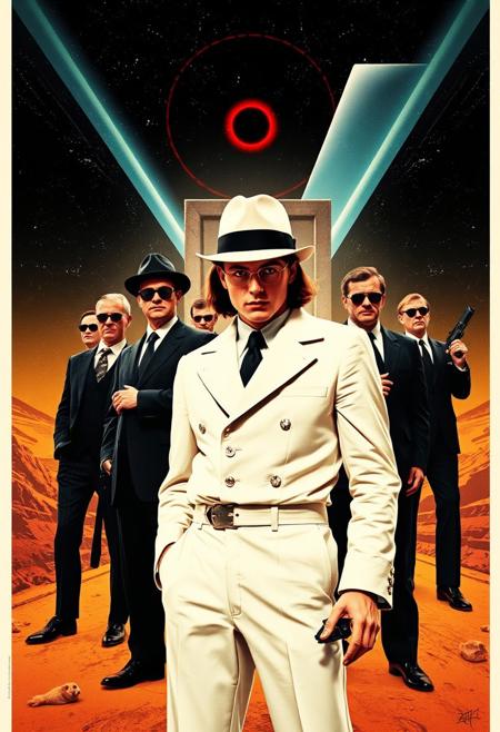 Design a powerful and surreal movie poster for 2001: CLOCKWORK ODYSSEY, a mash-up of Stanley Kubrick’s A Clockwork Orange and 2001: A Space Odyssey, mixed with the gritty, crime-driven style of Quentin Tarantino’s Reservoir Dogs. In the foreground, feature Alex from A Clockwork Orange, wearing his white outfit, bowler hat, and signature single eyelash. He stands alongside a group of sharp-dressed men in black suits, sunglasses, and ties, referencing the iconic Reservoir Dogs crew. One of them holds a futuristic weapon, blending the criminal underworld with a sci-fi twist.
In the background, depict the infinite void of space, featuring the HAL 9000 red eye and the monolith from 2001. The composition should feel tense and chaotic, combining the urban decay of Clockwork Orange, the sterile, minimalist space design of 2001, and the gritty violence of Reservoir Dogs. Use a color palette that mixes the warm oranges and blacks of Clockwork Orange, the cool whites and blues of 2001, and the bold reds and blacks from Reservoir Dogs.
Prominently display the title 2001: CLOCKWORK ODYSSEY in a fusion of all three films’ typography styles. Add ‘A Film by Stanley Kubrick’ at the bottom, blending Kubrick’s vision with the raw energy of Tarantino’s world